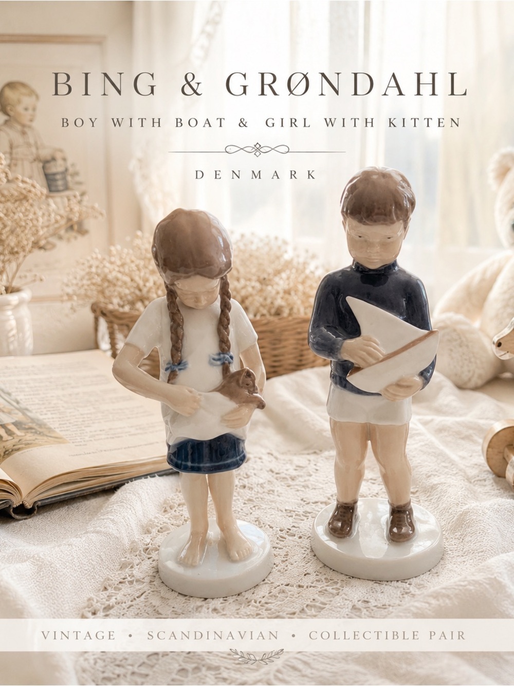 Vintage Bing & Grøndahl Boy with Boat & Girl with Kitten Porcelain Figurines